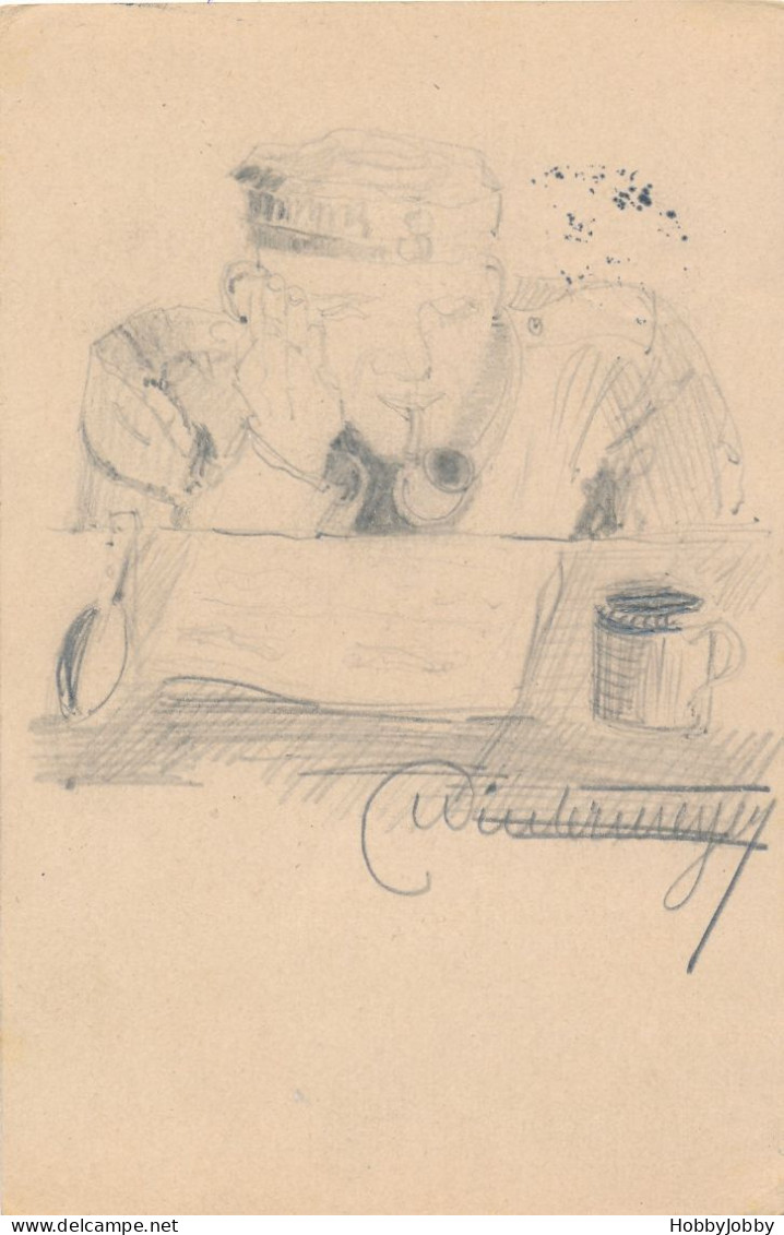 3 Stück I WK Handgezeichnet-Bleistift: Nachtwächter-Nassau 1917/PFEIFERAUCHER & Innerer Haupteingang Zentral Gefägnis-Fr - Casernes
