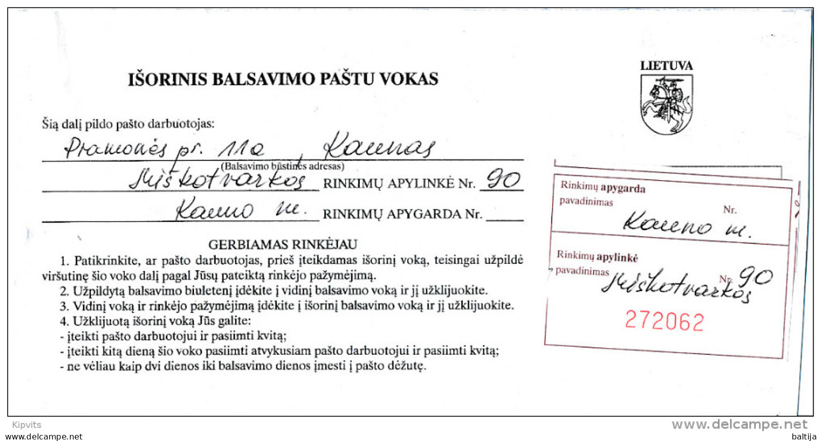 Election Ballot Mail Stationery Cover / Išorinis Balsavimo Paštu Vokas - 17 December 1997 Kaunas - Lituanie