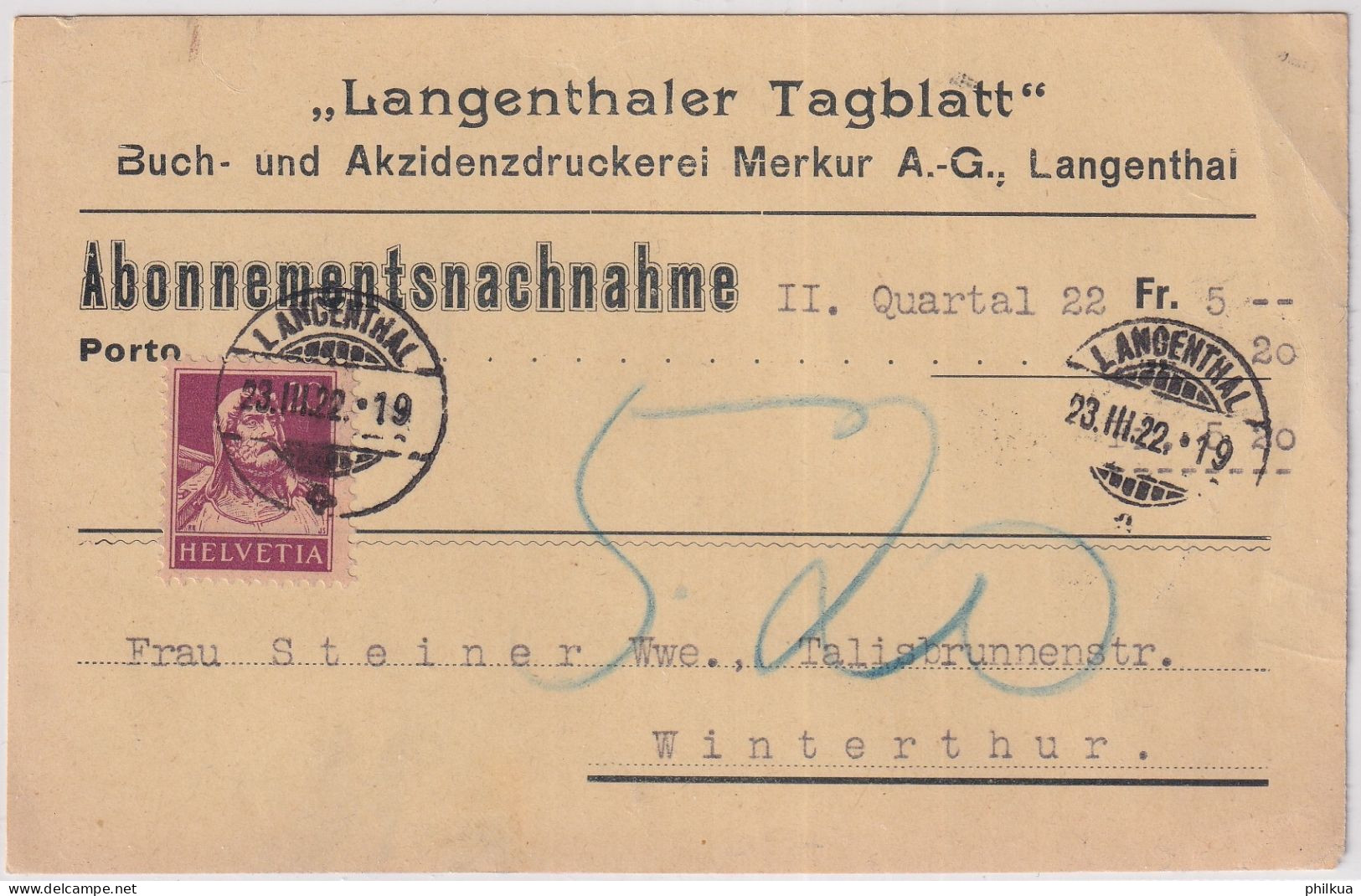 Zum. 154 / MiNr. 165x Auf Abonnements NN-Karte - LANGENTHALER TAGBLATT Von LANGENTHAL Nach Winterthur - Covers & Documents