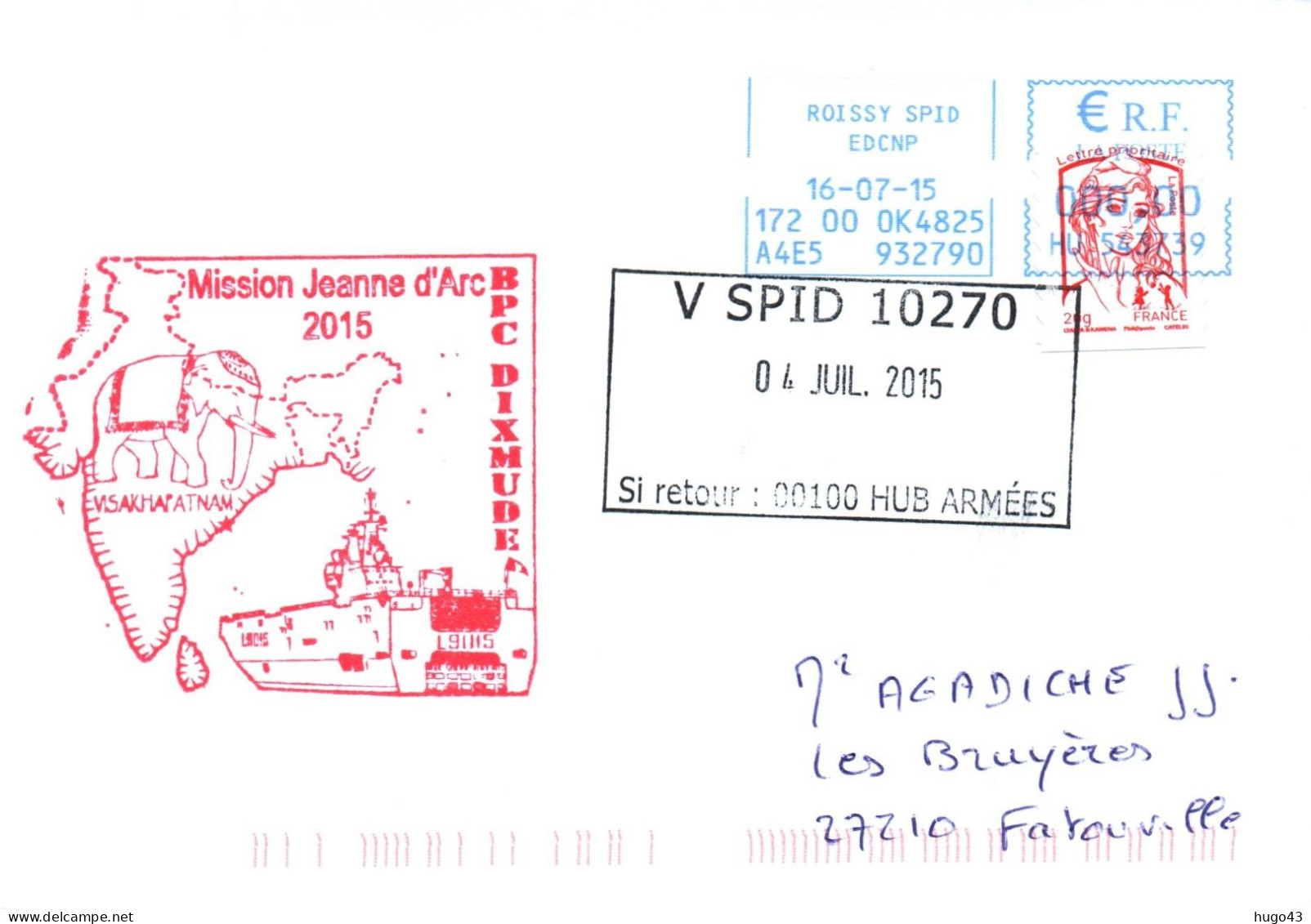 ENVELOPPE AVEC CACHET B.P.C. DIXMUDE - MISSION JEANNE D' ARC 2015- ESCALE A VISAKHAPATNAM - LE 16/07/2015 - Seepost