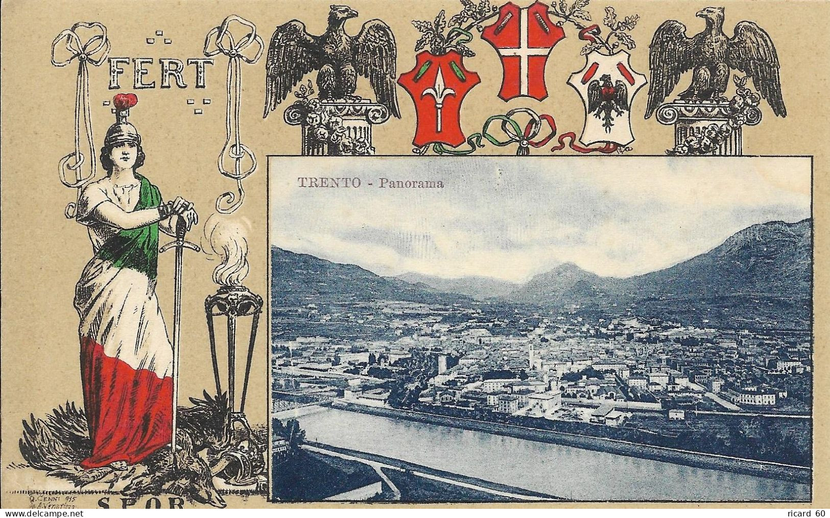 Cpa Trento, Collection FERT, Devise Et Blason De La Maison De Savoie, Panorama - Trento