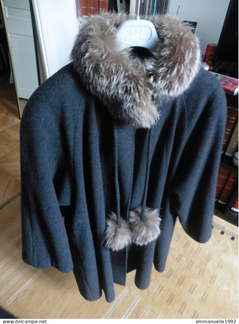 Manteau femme Alain Chabason laine cachemire gris foncé col & pompons en fourrure beige