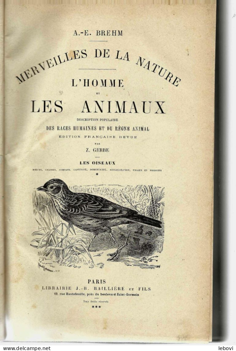 « Les Oiseaux »  2 Tomes Brehm A. – E.   Librairie J.B Baillière Et Fils, Paris - Sciences