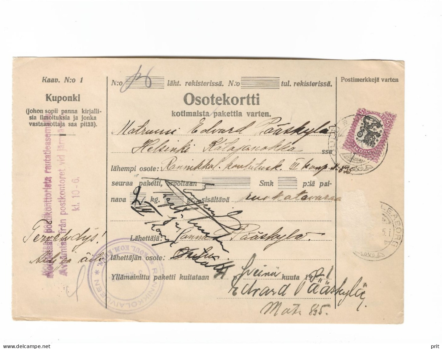 Finland Address Card For A Domestic Package Parcel Delivery, Sent From Oulu To Helsinki 1921 Used - Storia Postale