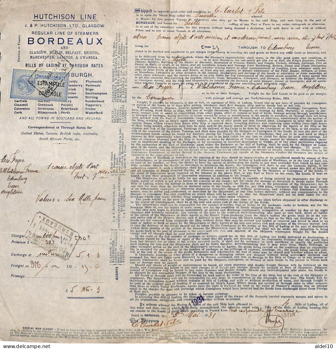 Connaissement De Bordeaux Pour Edimbourg 1931 Avec Estampille De Contrôle Bleue - Brieven En Documenten