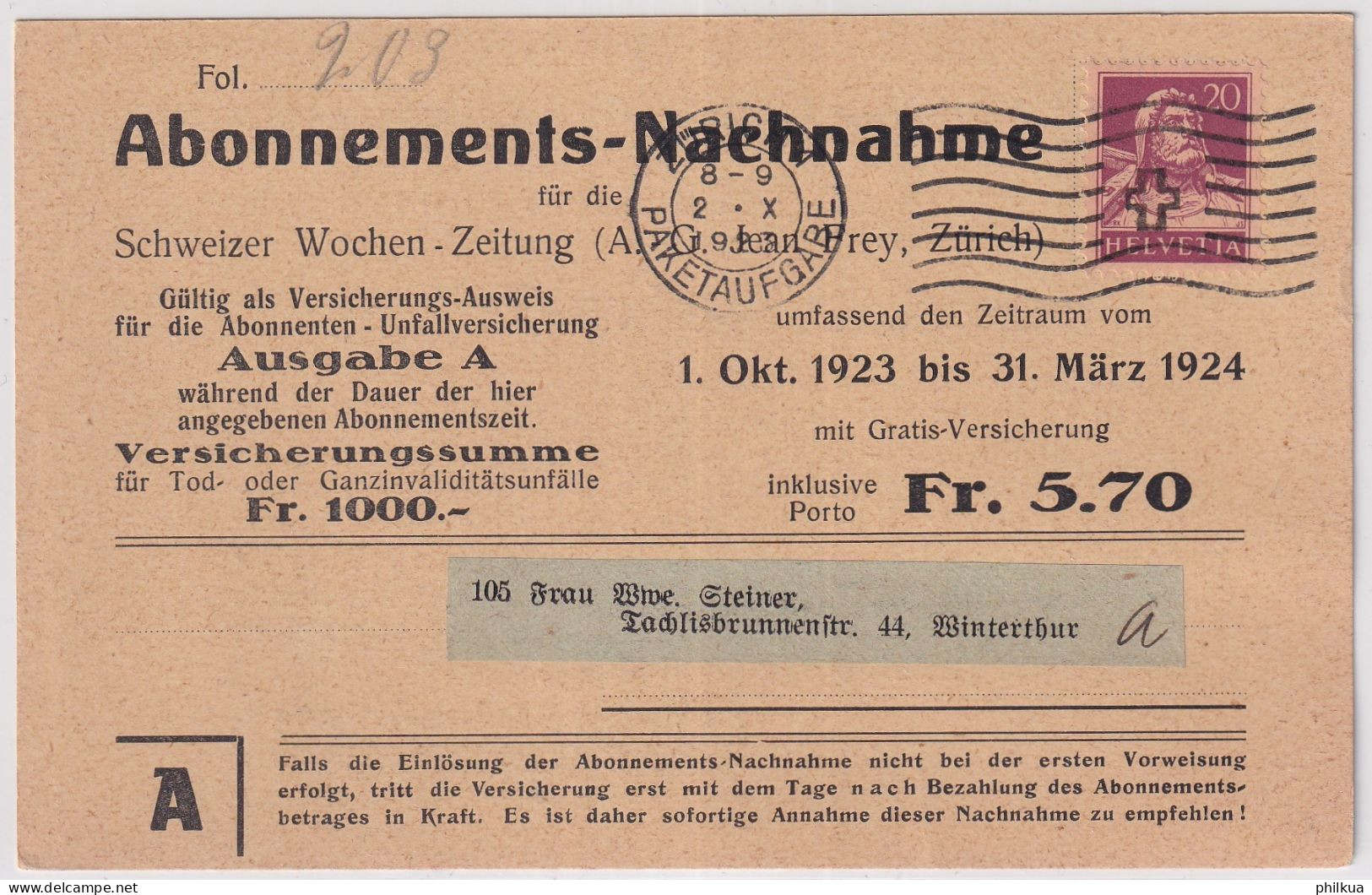 Zum. 154 / MiNr. 165x Auf Abonnements NN-Karte - SCHWEIZER WOCHENZEITUNG AG JEAN FREY Von Zürich 1 Nach Winterthur - Lettres & Documents