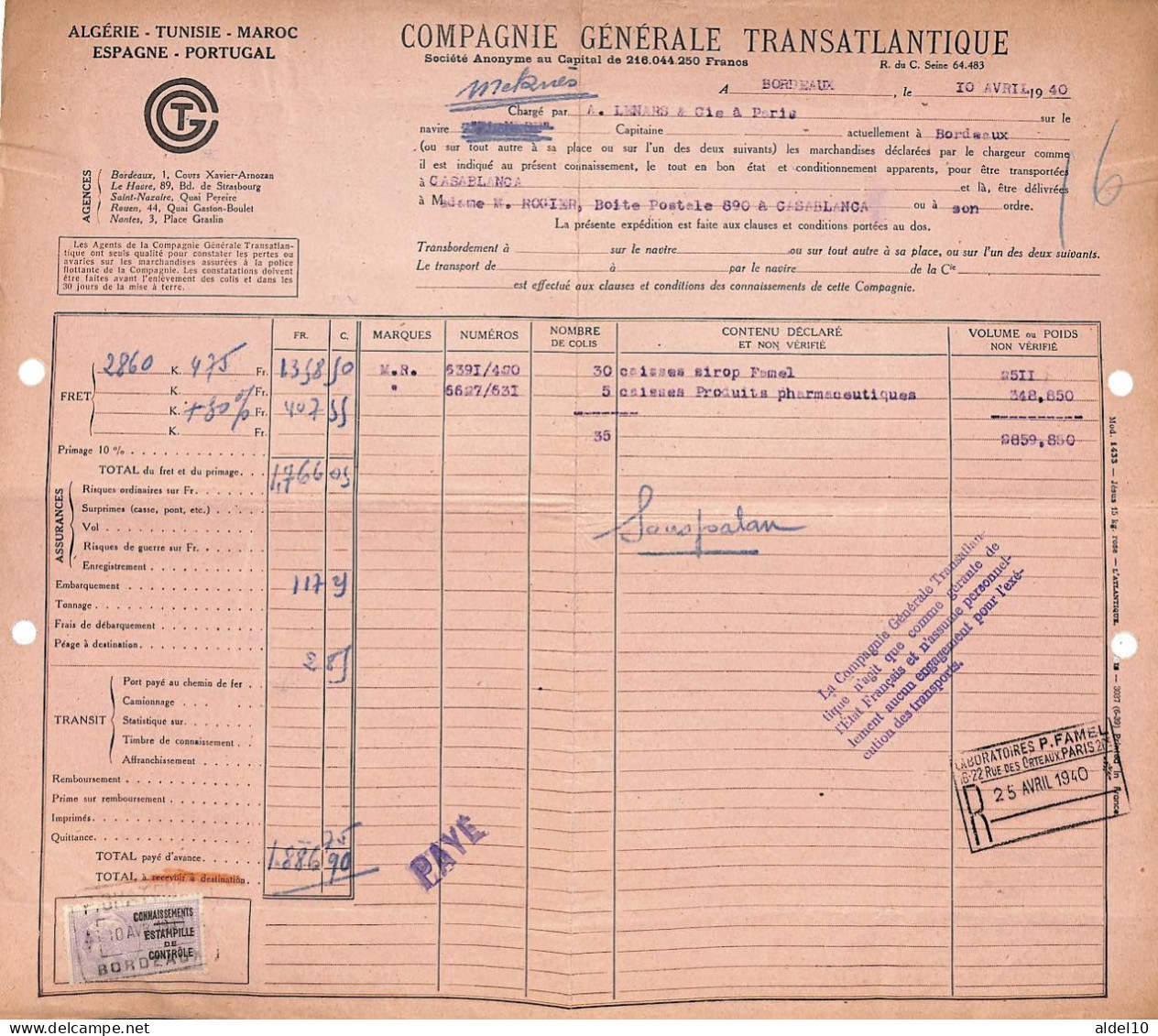 Connaissement De Bordeaux Pour Casablanca 1940 Avec Estampille De Contrôle Lilas - Lettres & Documents