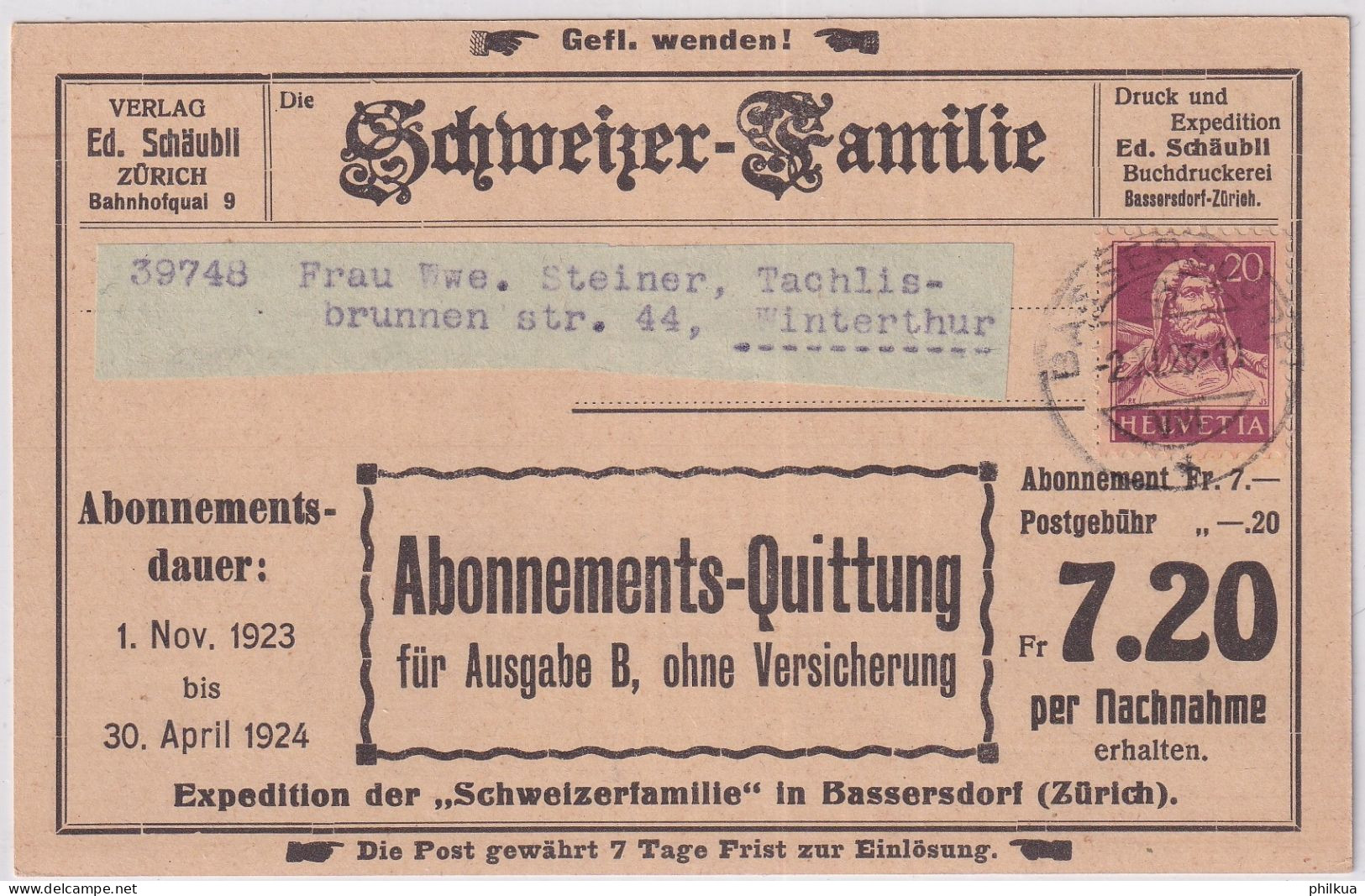 Zum. 154 / MiNr. 165x Auf Abonnements NN-Karte - SCHWEIZER-FAMILIE Von BASSERSDORF Nach Winterthur - Cartas & Documentos