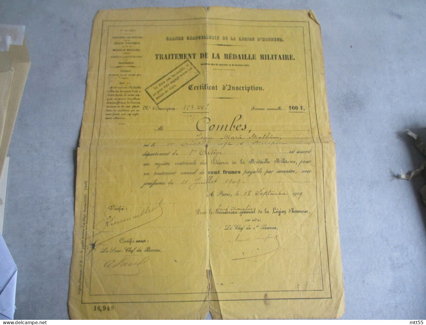 TRAITEMENT DE LA MEDAILLE MILITAIRE CERTIFICATION INSCRIPTION 1909 - Historische Documenten