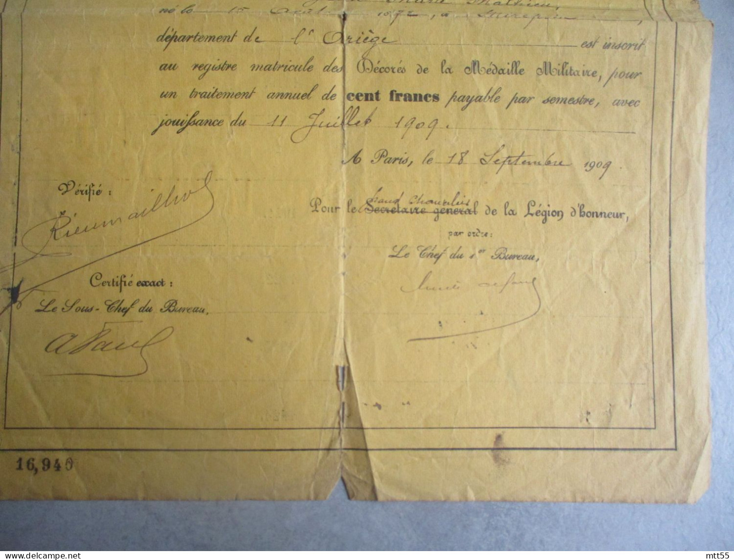 TRAITEMENT DE LA MEDAILLE MILITAIRE CERTIFICATION INSCRIPTION 1909 - Historische Documenten