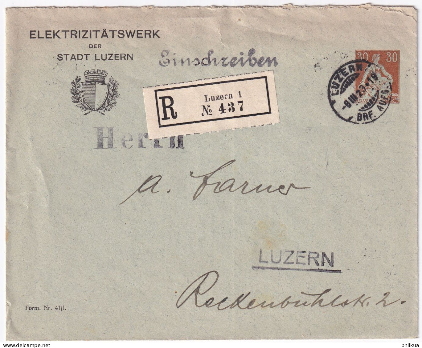 Privatganzsache Mit Sujet Zum. 110 / MiNr. 104 Auf R-Brief ELETRIZITÄTSWERK Der Stadt LUZERN - Interi Postali