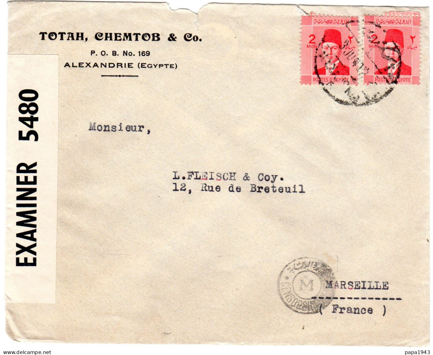 1942  "  TOTAH CHEMTOB & Co ALEXANDRIE EGYPTE "  Censure  " OPENED  BY  EXAMINER 5480 - Briefe U. Dokumente