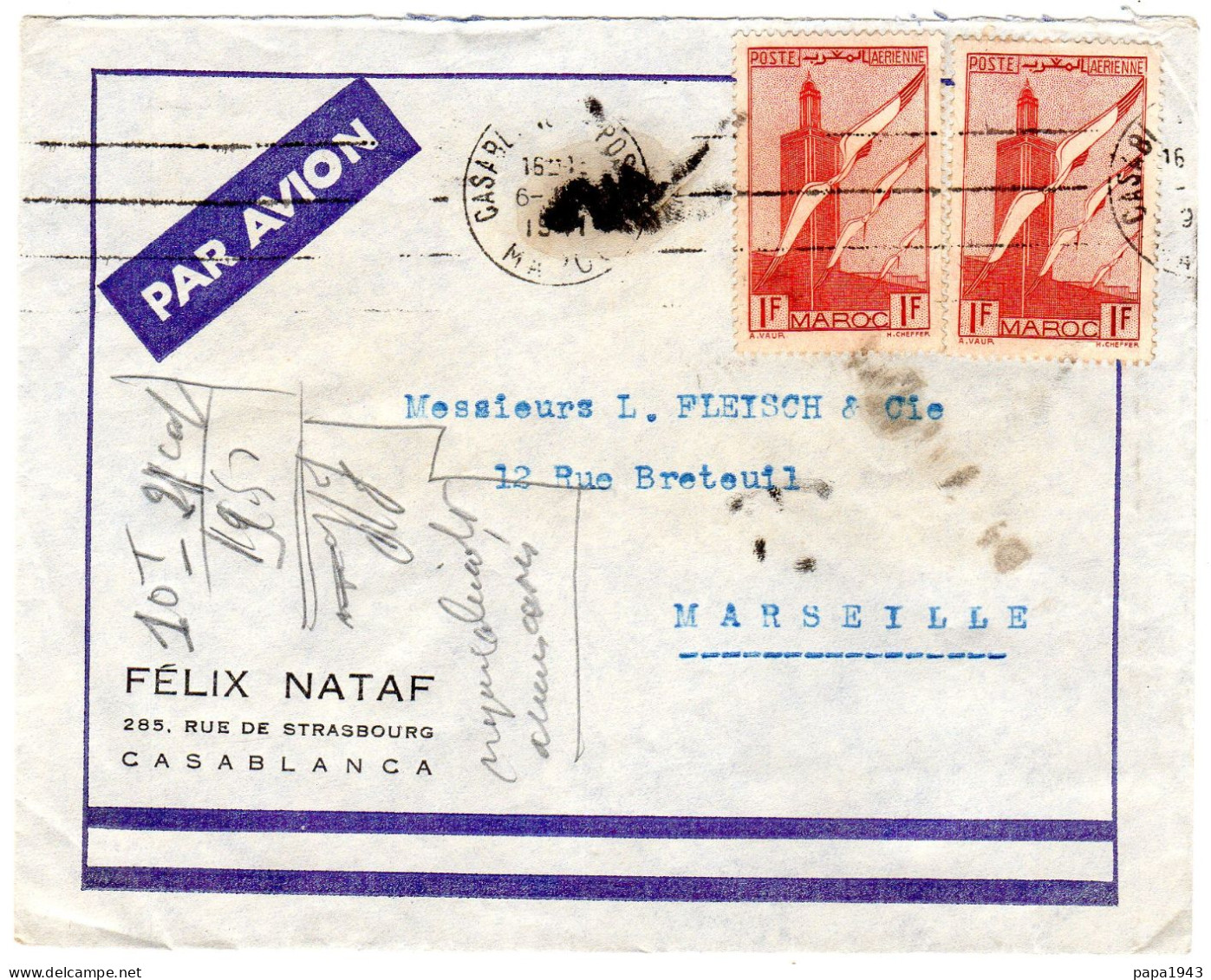 1942  "  Felix NATAF CASABLANCA  "  Envoyée à MASEILLE - Cartas & Documentos