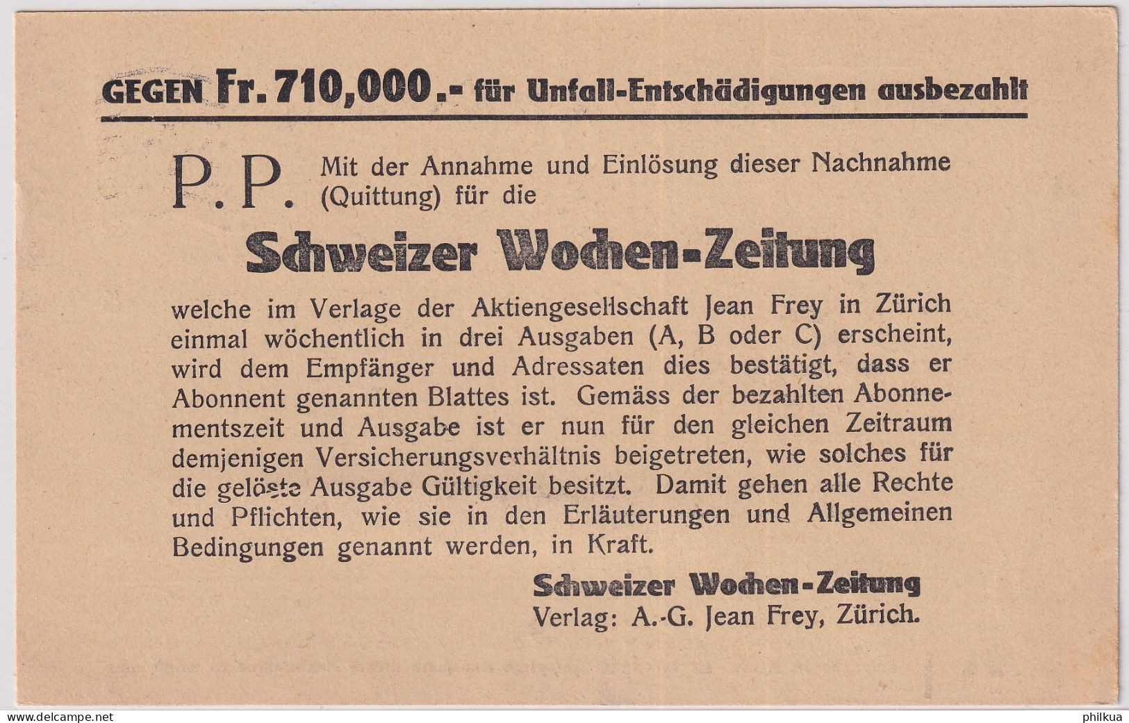 Zum. 158 / MiNr. 166x Auf Abonnements NN-Karte - SCHWEIZER WOCHENZEITUNG AG JEAN FREY Von Zürich 1 Nach Winterthur - Briefe U. Dokumente