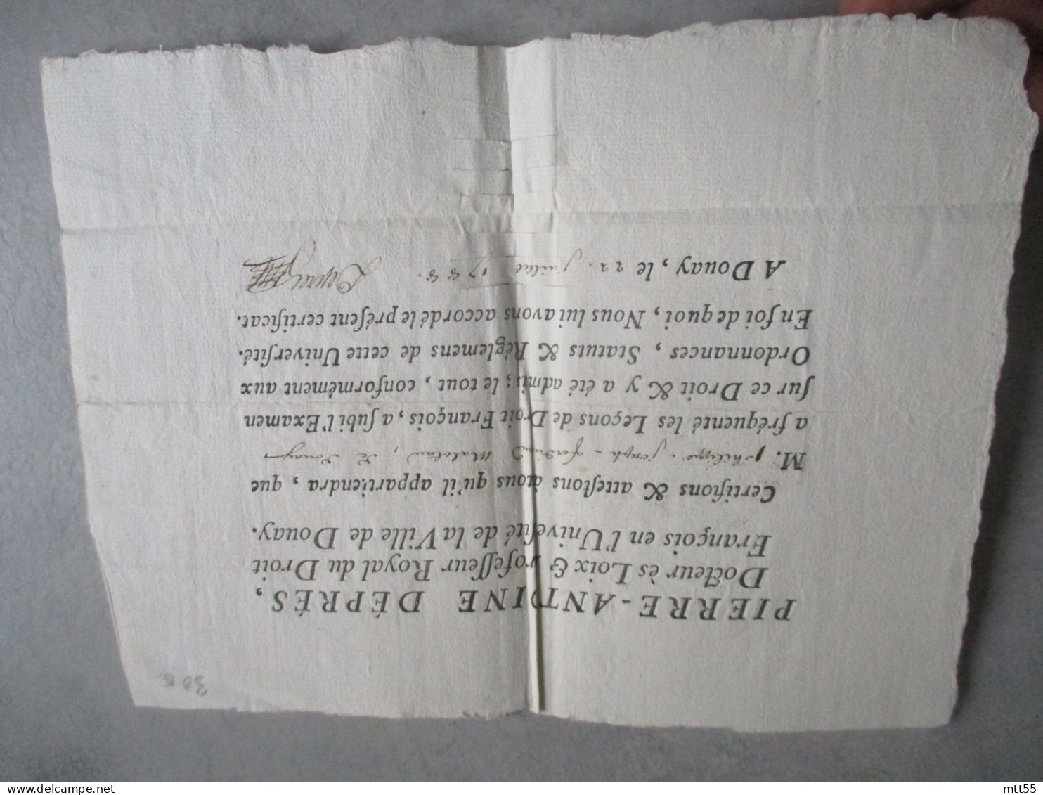 1788 DOUAY DOUAI PIERRE ANTOINE DEPRES  UNIVERSITE IMPRIME SIGATURE MANUSCRITE  CERTIFICAT  FREQUENTATION UNIVERSITE - Menus