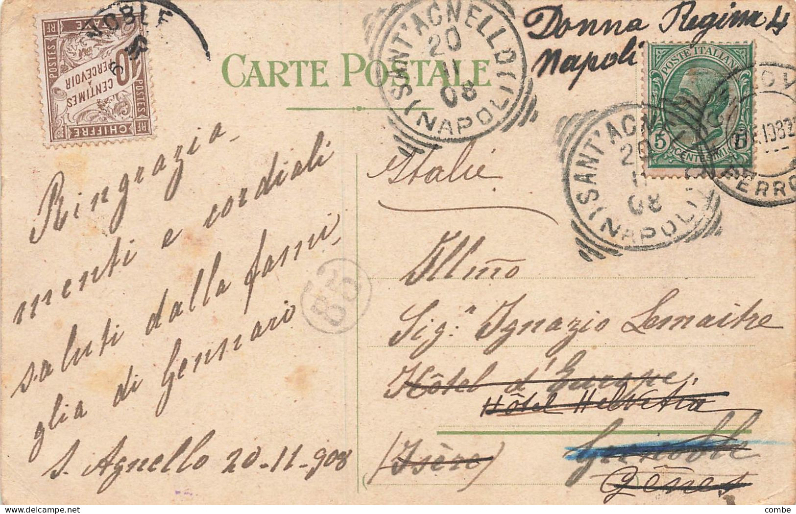 CP. 20 11 1908. ITALE. CAPRI. SANT'AGNELLO. JUSQU'A GRENBLE. TAXE 10c       / 2 - 1859-1959 Storia Postale