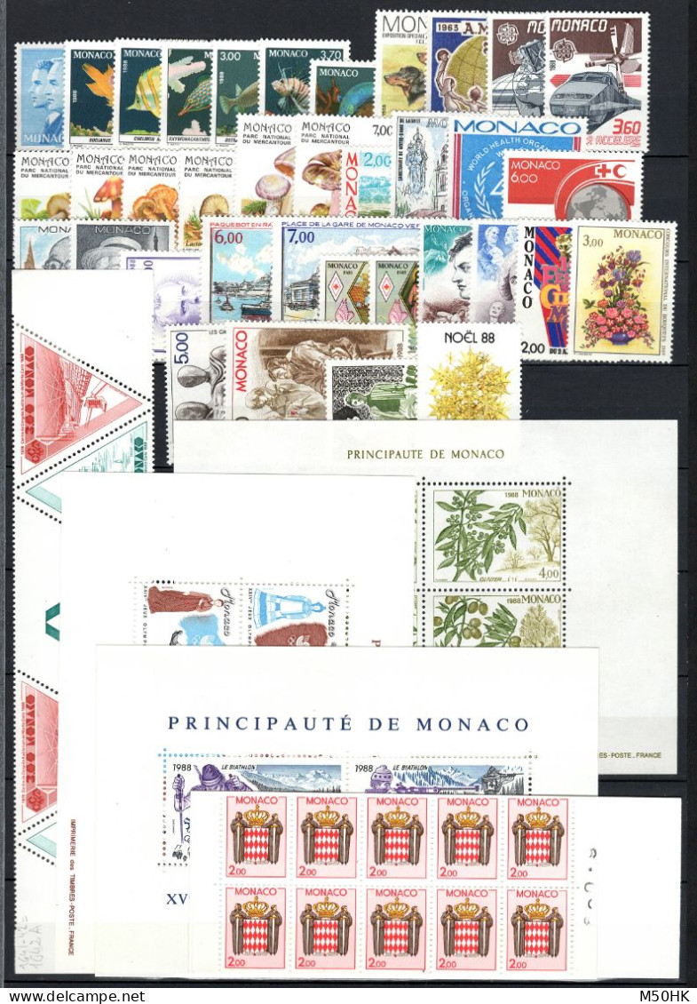 Monaco - Année 1988 N** Luxe Complete , YV 1614 à 1662 , Carnet Complet Pour Le 1623 , Cote 174 Euros - Années Complètes