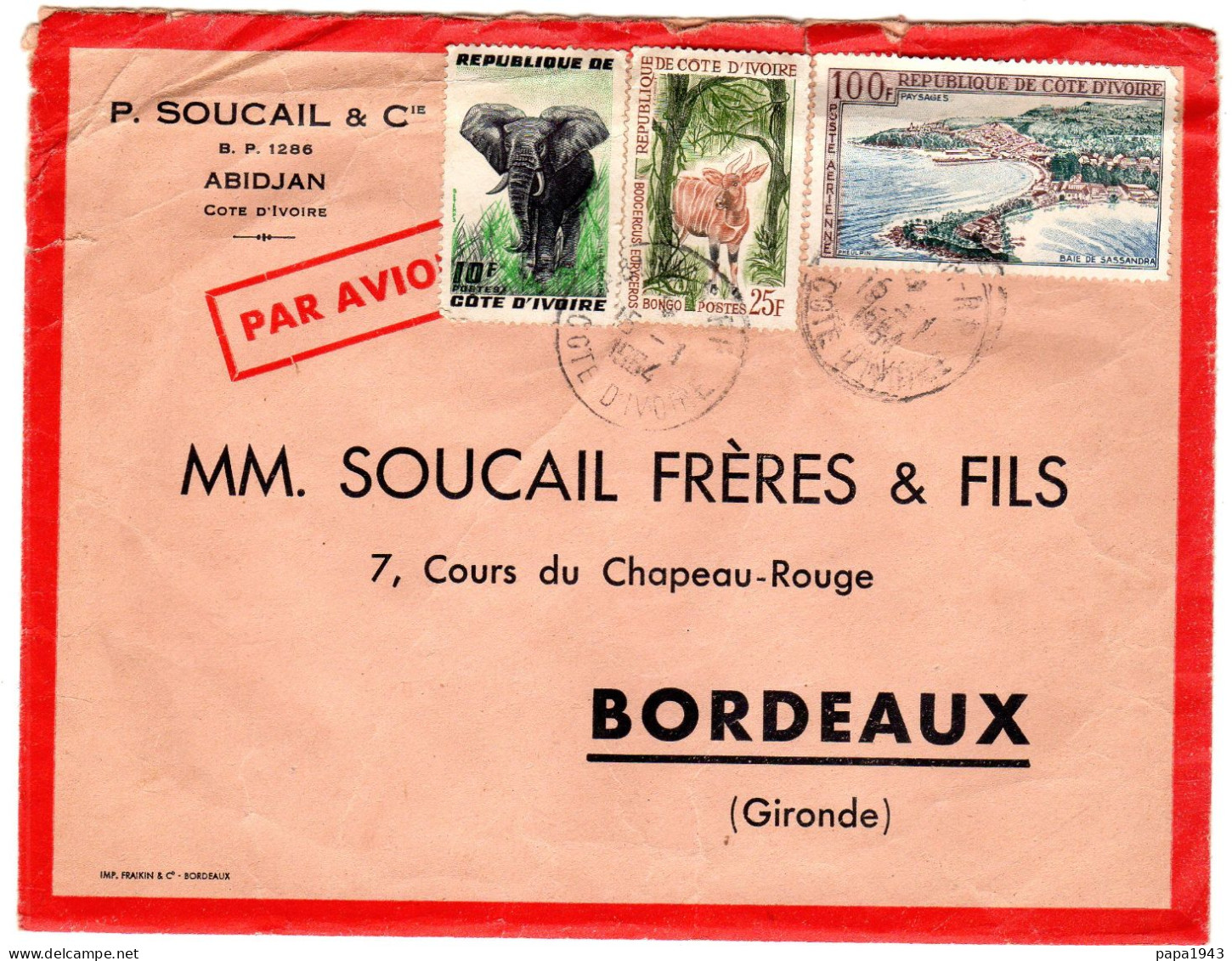 1964  " P SOUCAIL & Cie ABIDJAN " Envoyée à BORDEAUX - Côte D'Ivoire (1960-...)