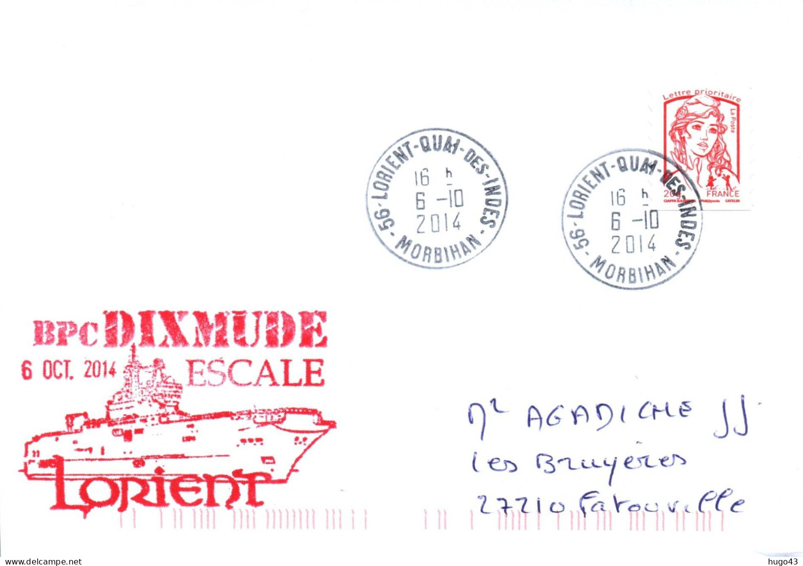 ENVELOPPE AVEC CACHET B.P.C. DIXMUDE - ESCALE A LORIENT LE 06/10/2014 - Correo Naval