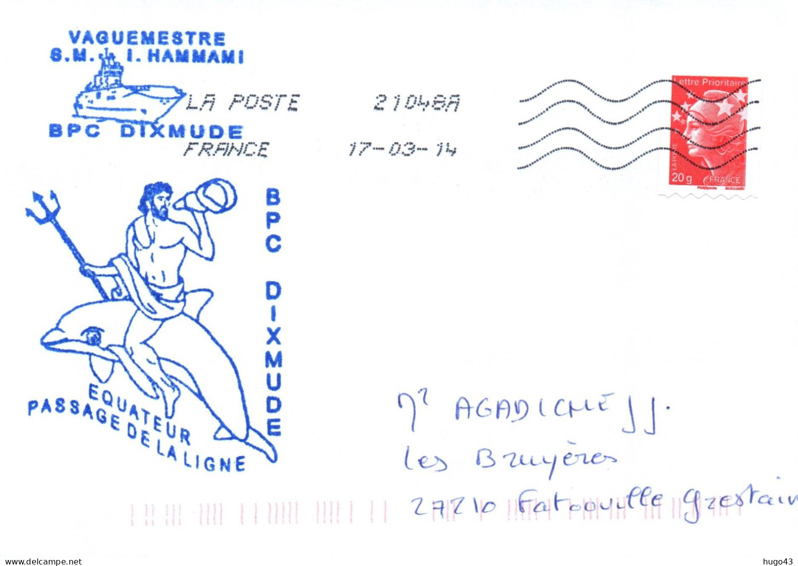 ENVELOPPE AVEC CACHET B.P.C. DIXMUDE - EQUATEUR - PASSAGE DE LA LIGNE - LE 17/03/14 - Scheepspost