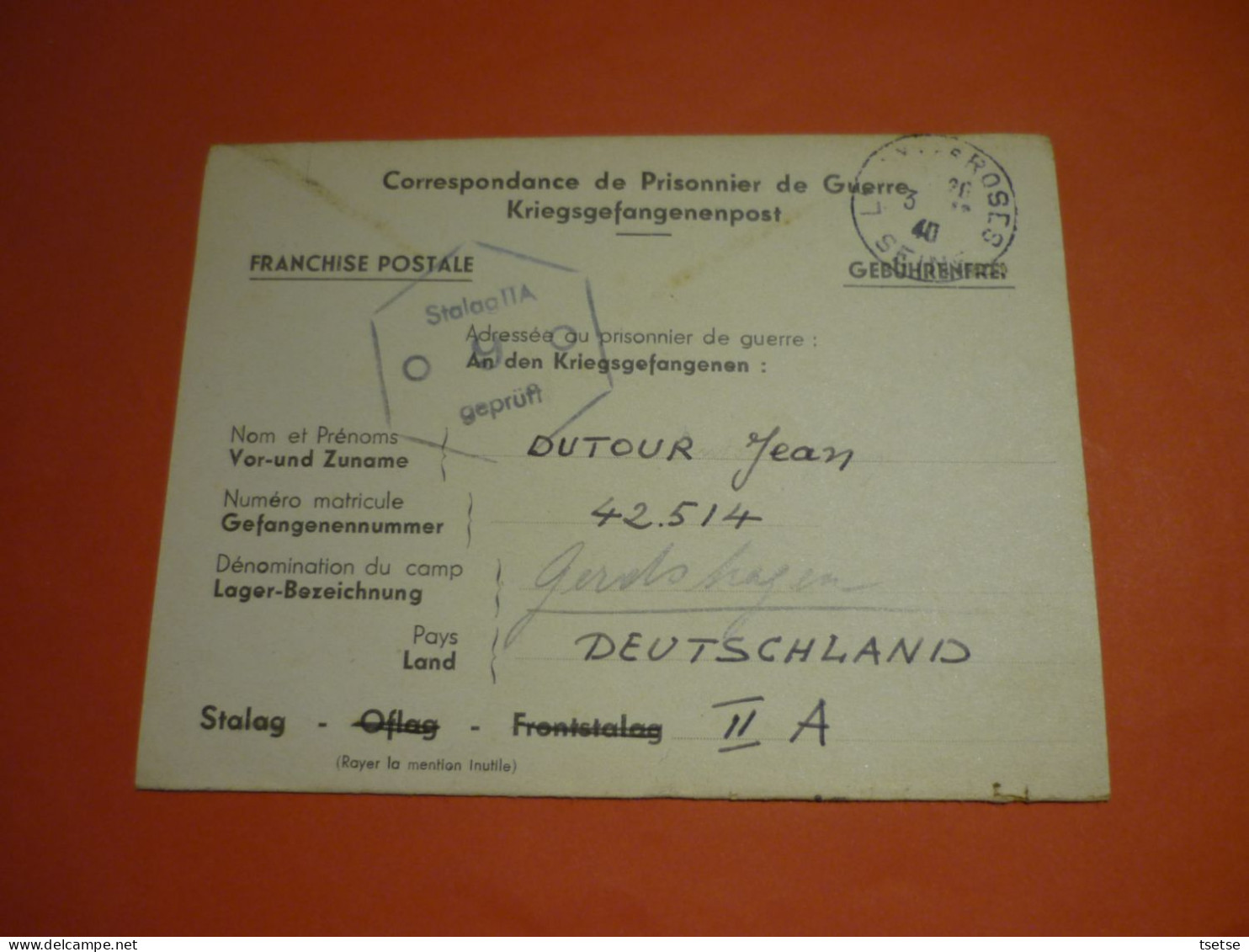 WW2 /  Courrier Reçu Par Le Soldat Prisonnier Français Dutour Jean , Venant De Chevilly / Stalag IIA -1940 - Weltkrieg 1939-45