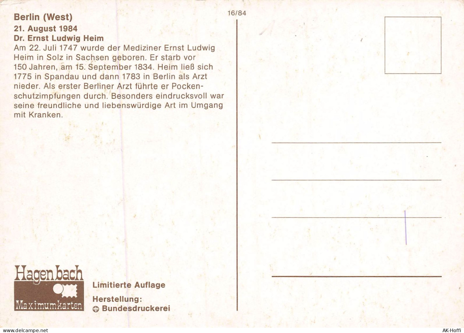 Hagenbach Maximumkarten - Berlin (West) 21. August 1984  Dr. Ernst Ludwig Heim - 1981-2000