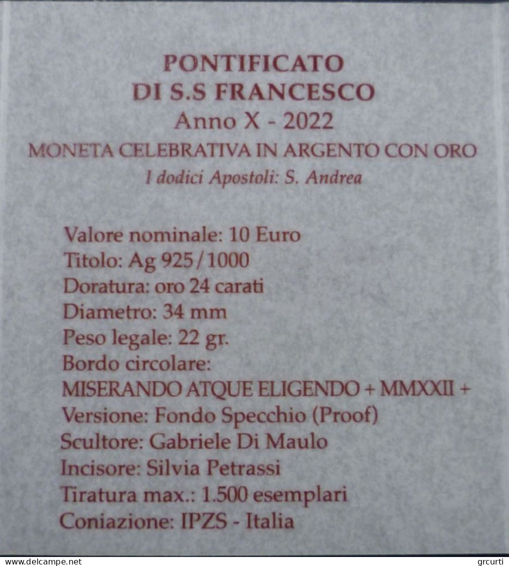 Vaticano - 10 Euro 2022 - I 12 Apostoli: S. Andrea - UC# 303 - Vatican
