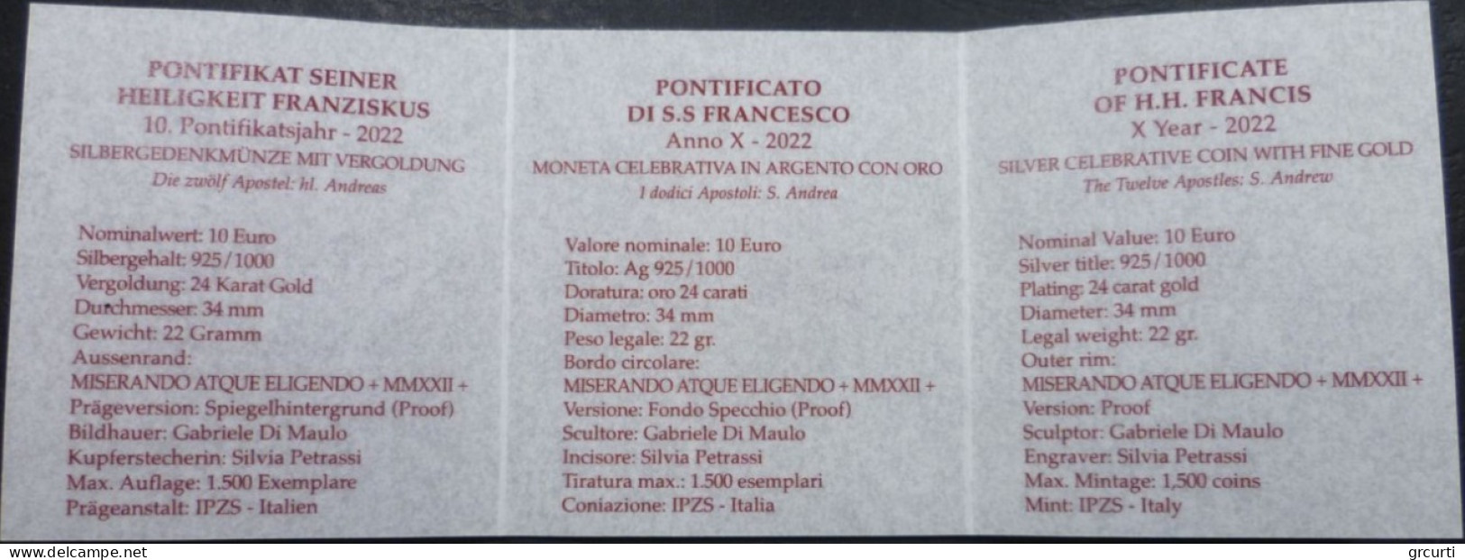 Vaticano - 10 Euro 2022 - I 12 Apostoli: S. Andrea - UC# 303