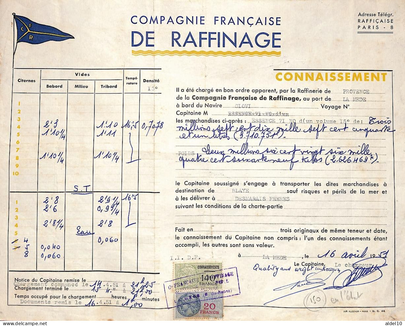 Connaissement De La Mède Pour Blaye 1951 Avec Timbres Valeur 140 Francs Vert + Unifié 20 F - Covers & Documents