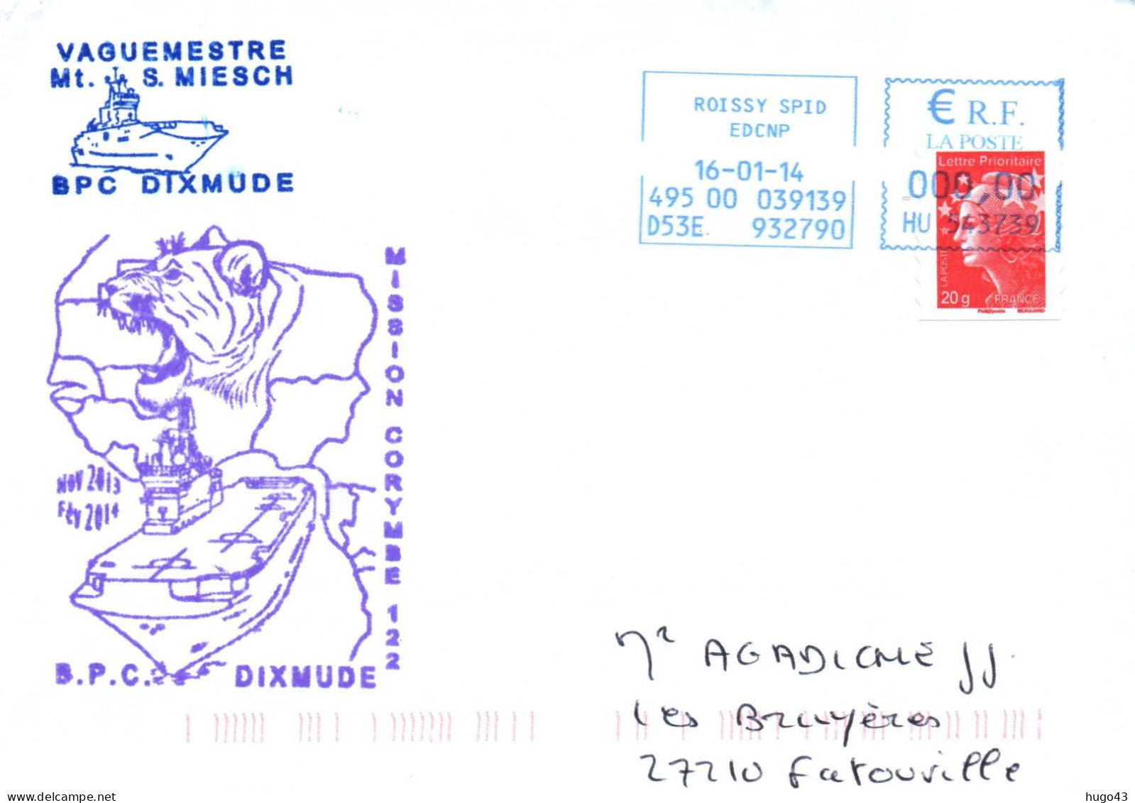 ENVELOPPE AVEC CACHET B.P.C. DIXMUDE - MISSION CORYMBE 122 - LE 16/01/14 - Naval Post