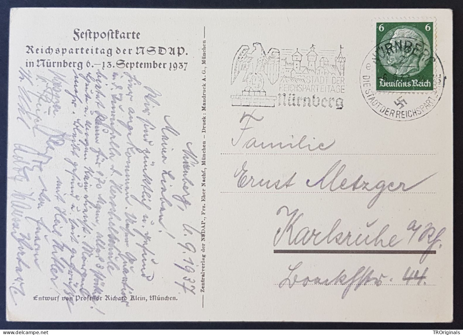 GERMANY THIRD 3rd REICH ORIGINAL POSTCARD NÜRNBERG RALLY 1937 IMPERIAL EAGLE - Weltkrieg 1939-45