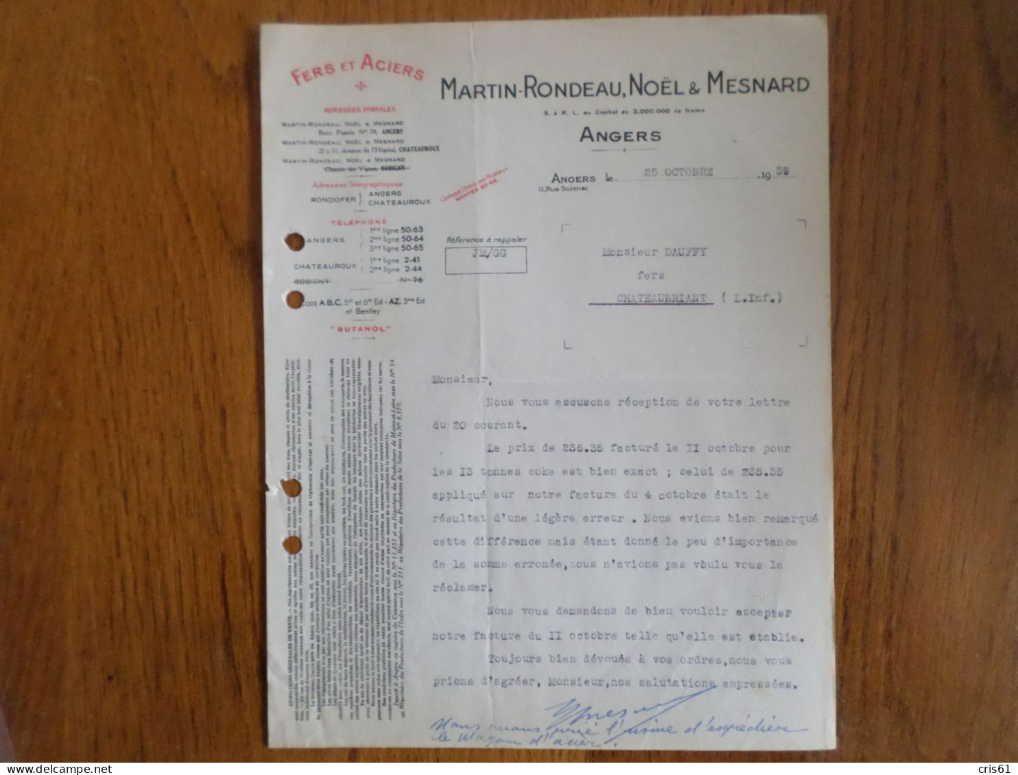 49 ANGERS - Courrier MARTIN-RONDEAU NOEL & MESNARD, Fers Et Aciers, Octobre 1932 - 1900 – 1949