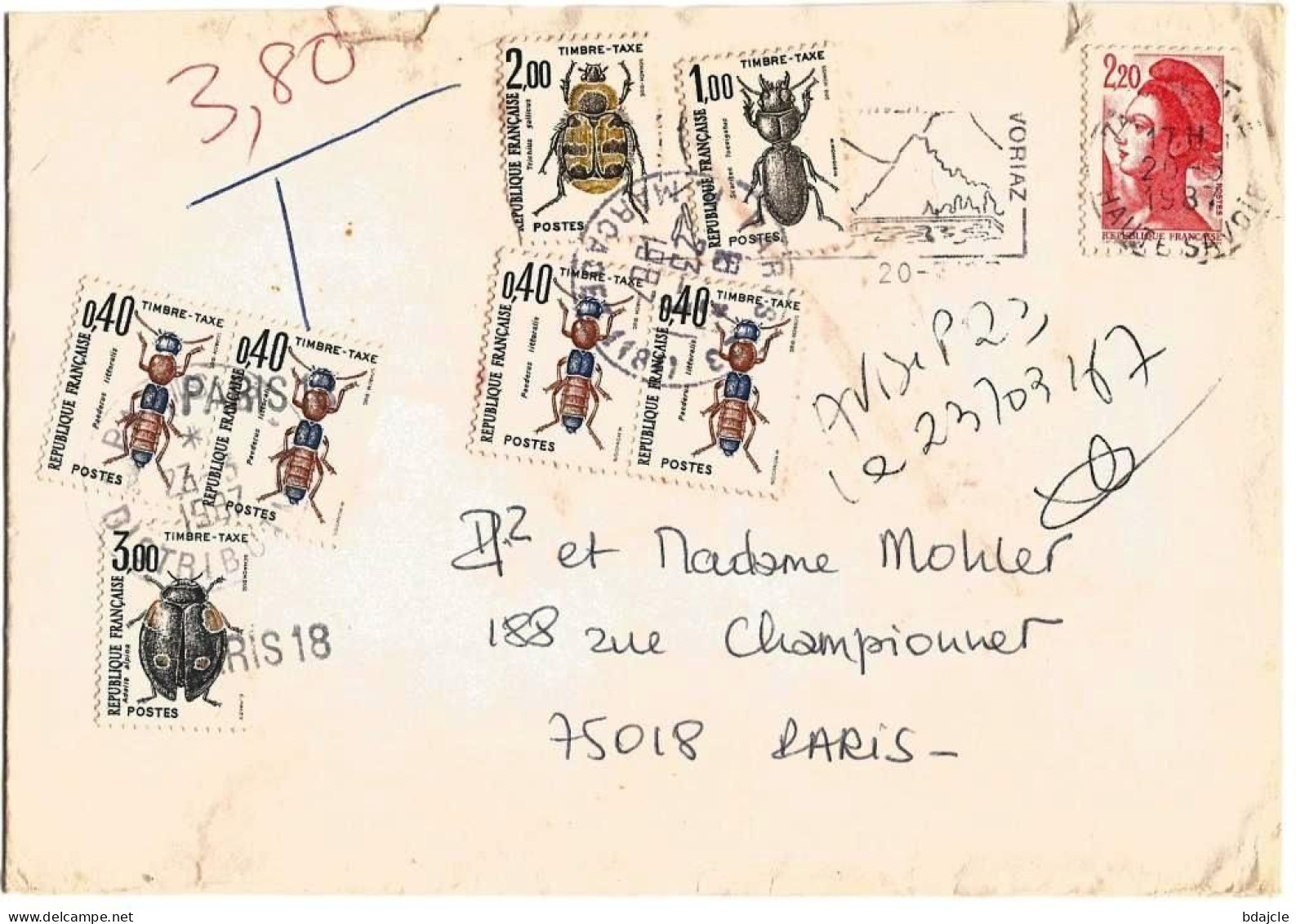 Env. Entière - Avoriaz Pour Paris 18ème  - Oblitérée Du 20-03-1997 Taxée Par Paris18 à 7,60 Frs - Storia Postale