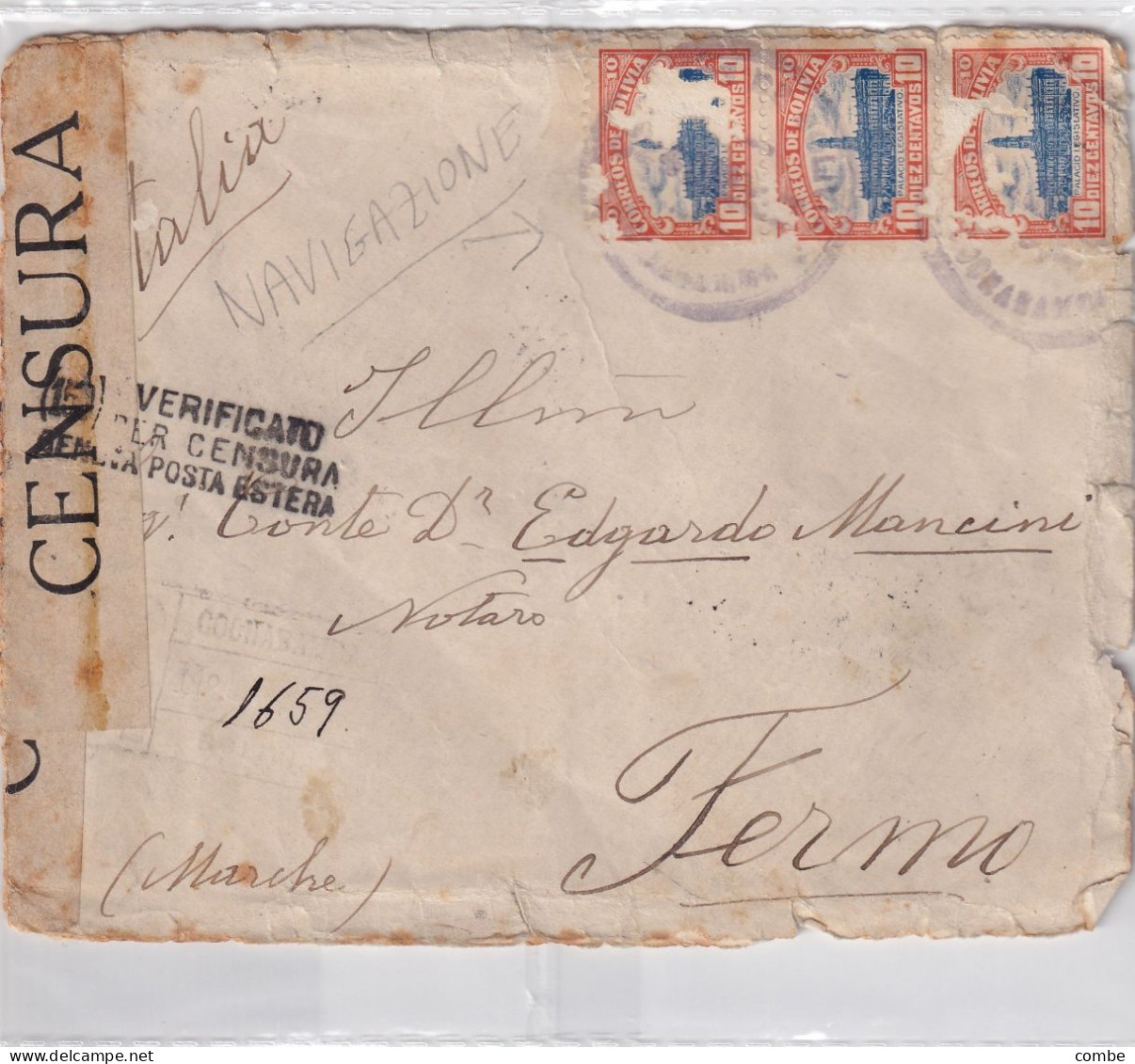 LETTRE. BOLIVIE. 1918. RECOMMANDE  COCHABAMBA  POUR FERMO ITALIE. PAR BUENOS AIRES. BANDE CENSURE ITALIENNE   / 2 - Bolivien