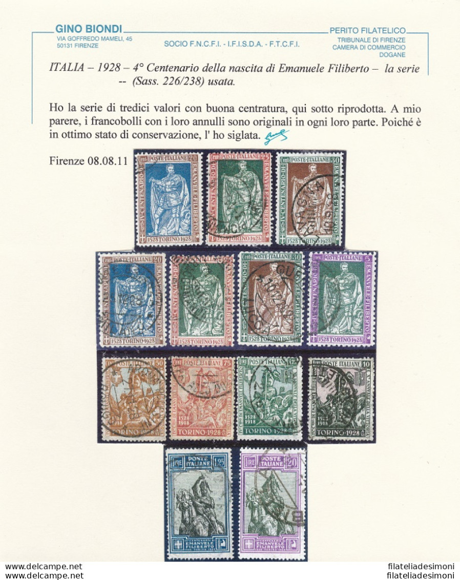 1928 Regno Di Italia, N. 226/238, Emanuele Filiberto , La Serie Usata Di 13 Valo - Other & Unclassified