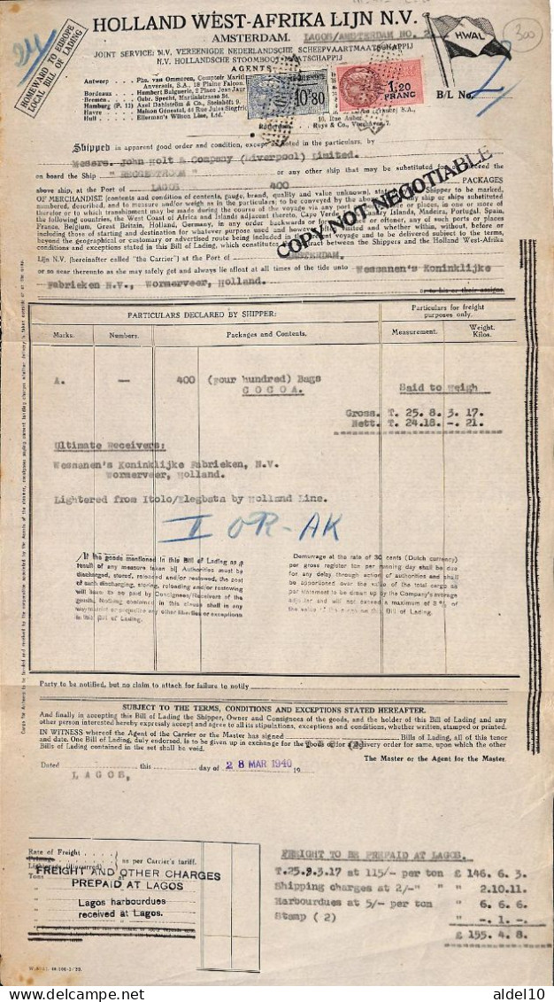 Connaissement De Lagos 1940 Avec Timbres Valeur 10 F 80 Bleu + Unifié 1,20 - Cartas & Documentos