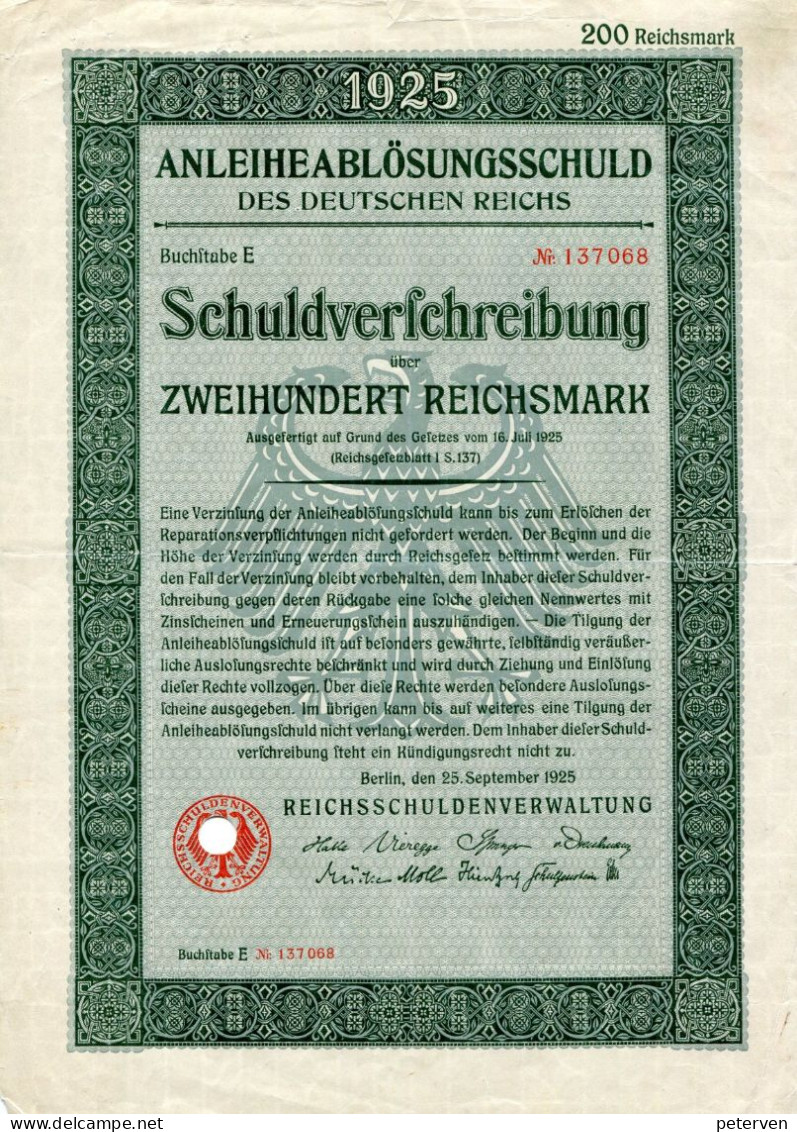 4x Schuldverschreibung Des Deutschen Reichs Von 1925 (12,50, 25, 50 & 200 Reichsmark) - Bank & Versicherung