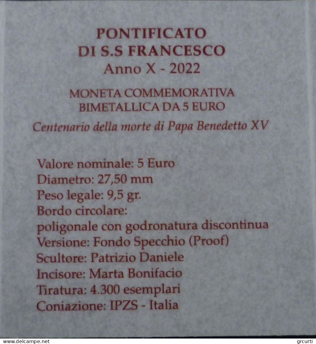Vaticano - 5 Euro 2022 - 100° Morte Di Papa Benedetto XVI - UC# 284 - Vaticano