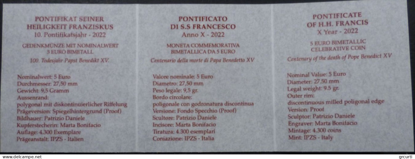 Vaticano - 5 Euro 2022 - 100° morte di Papa Benedetto XVI - UC# 284