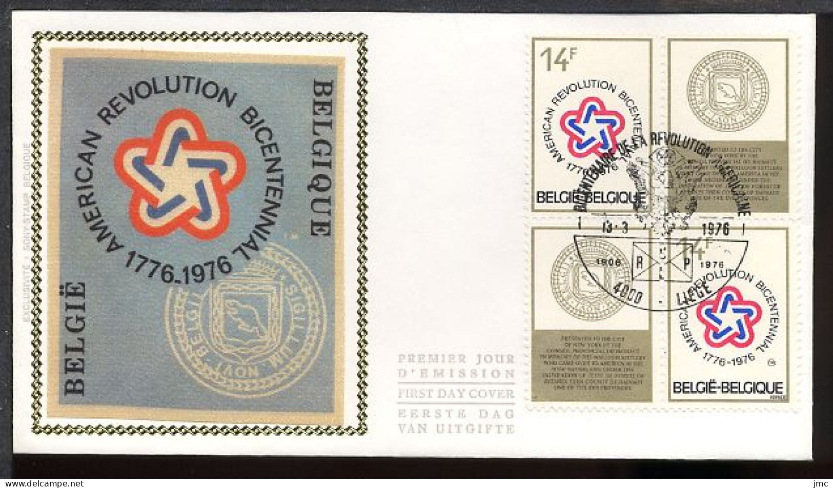 FDC SOIE / ZIJDE 1797+1797 - 13/03/1976 - Bicentenaire Etats-Unis - Bloc De 4 (1 Pli, Oblitération 4000 Liège) - 1971-1980