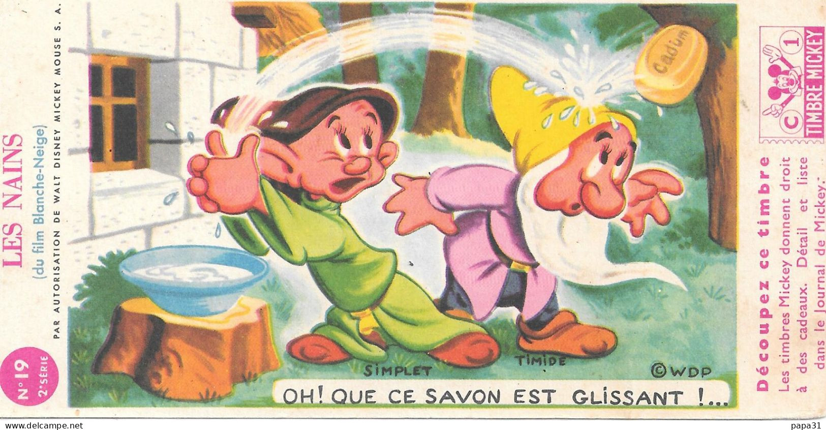 Vintage Image N° 19 Savon Glissant Cadum Simplet Les Sept Nains (du Film) Blanche-Neige (Walt Disney) - Andere & Zonder Classificatie