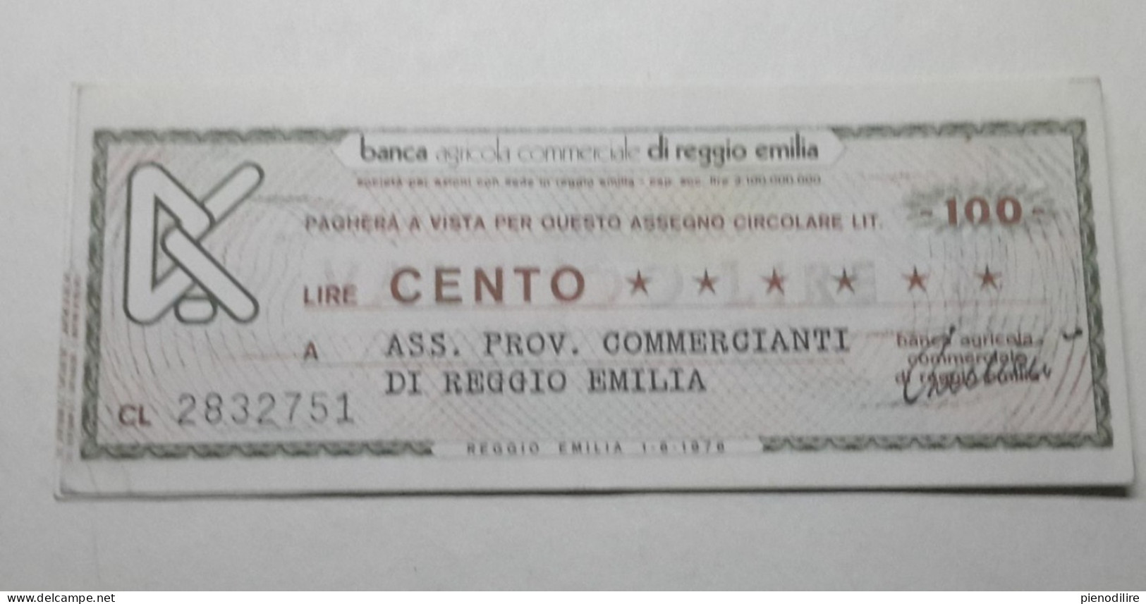 100 LIRE 1.6.1976 BANCA AGRICOLA COMMERCIALE REGGIO EMILIA (A.40) - [10] Assegni E Miniassegni