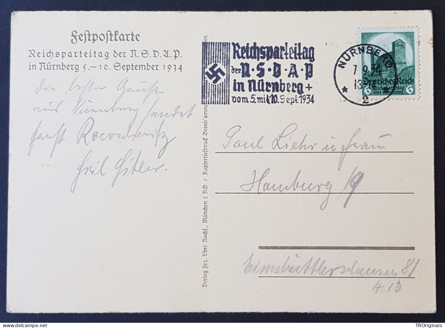 GERMANY THIRD 3rd REICH ORIGINAL POSTCARD REICHSPARTEITAG NÜRNBERG RALLY 1934 - Guerre 1939-45