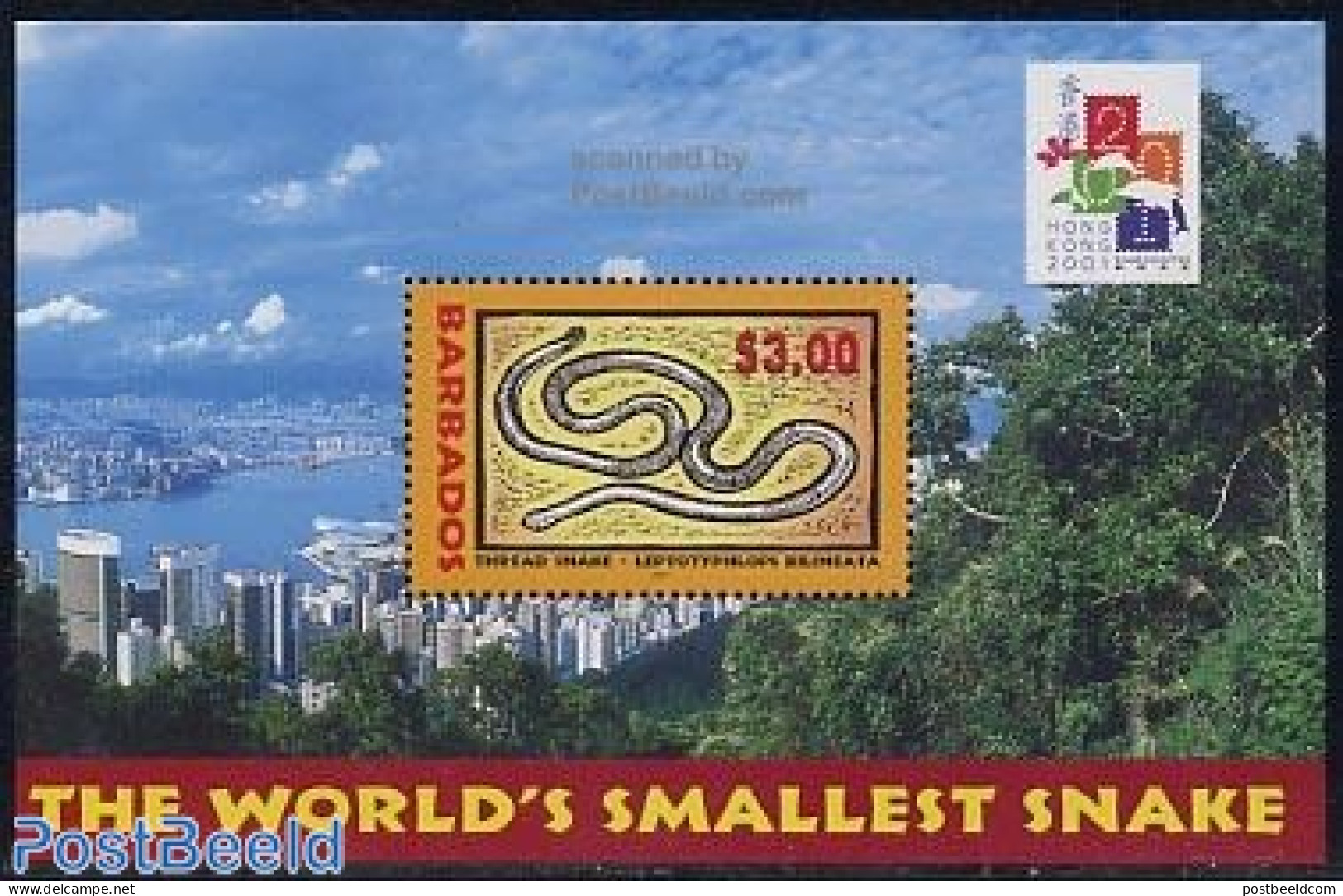 Barbados 2001 Year Of The Snake S/s, Mint NH, Nature - Various - Snakes - Philately - New Year - Neujahr