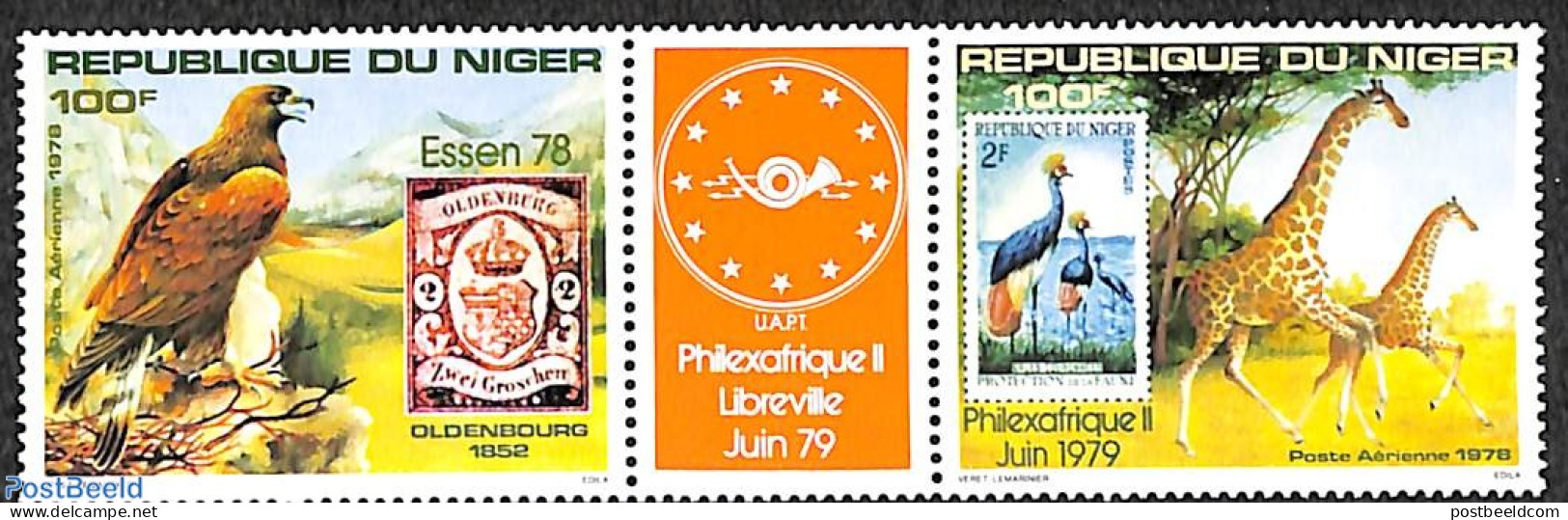 Niger 1978 Philexafrique 2v+tab [:T:], Mint NH, Nature - Birds - Birds Of Prey - Giraffe - Philately - Stamps On Stamps - Timbres Sur Timbres