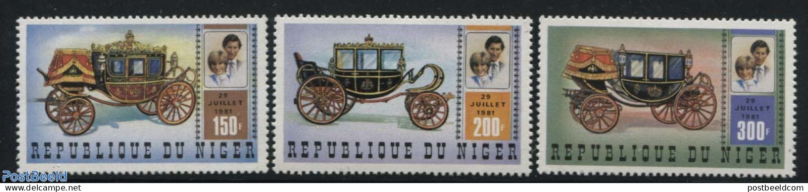 Niger 1981 Charles & Diana Wedding 3v, Mint NH, History - Transport - Charles & Diana - Kings & Queens (Royalty) - Coa.. - Königshäuser, Adel