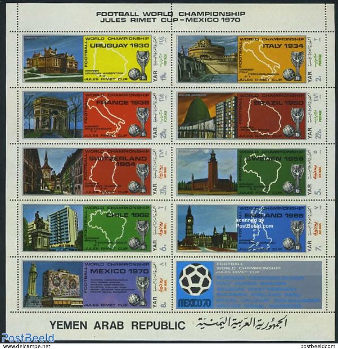 Yemen, Arab Republic 1970 World Cup Football 9v M/s, Mint NH, Sport - Various - Football - Maps - Geographie