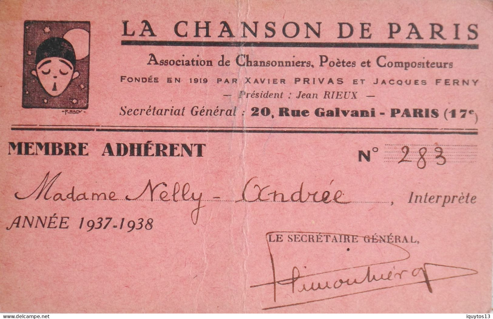1937/1938 - LA CHANSON DE PARIS - MEMBRE ADHERENT à NELLY ANDREE Interprète - BE - Tessere Associative
