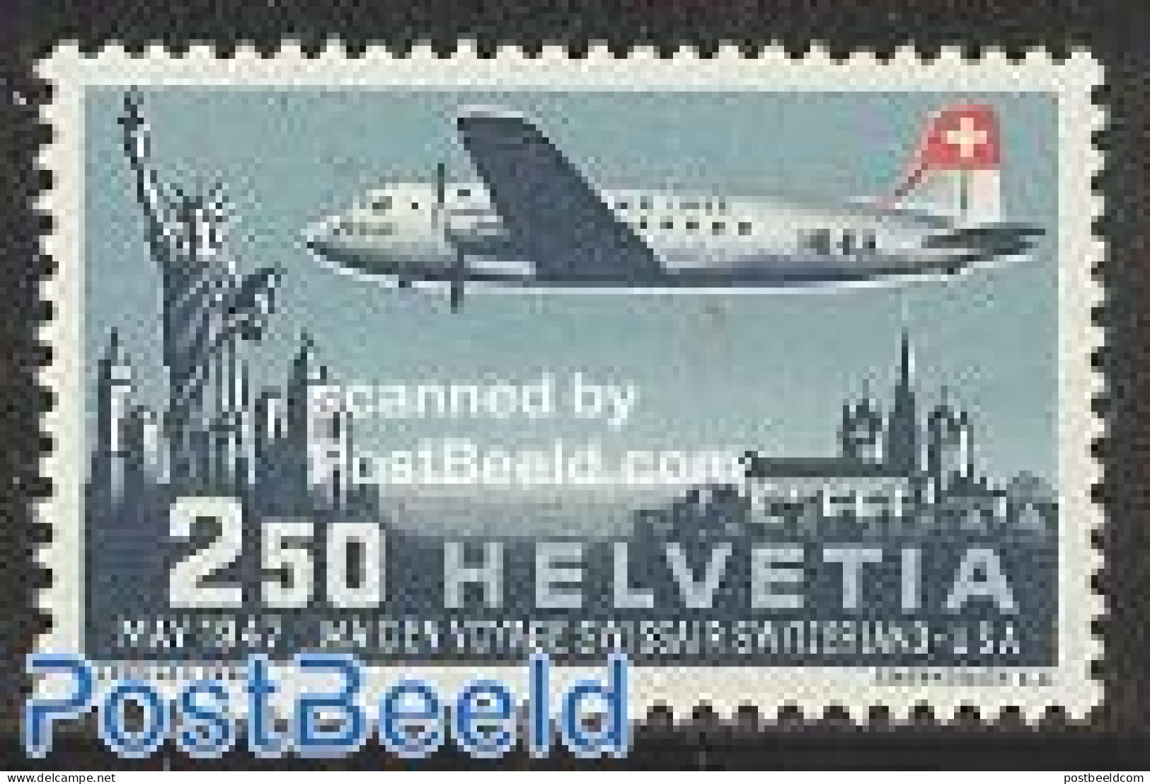 Switzerland 1947 Geneva-New York Flight 1v, Mint NH, Transport - Aircraft & Aviation - Art - Sculpture - Nuevos