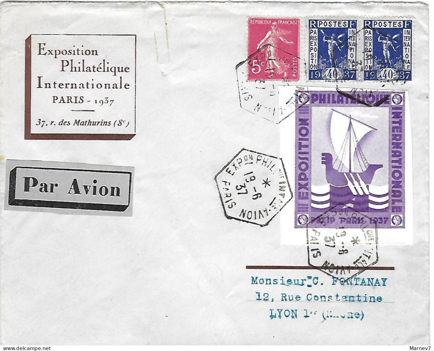 Yv 324 Et 278B Sur Lettre - Cachet Hexagonal Exposition Philatélique PEXIP 1937 - Cad 19 6 37 - Vignette N°16 - Other & Unclassified